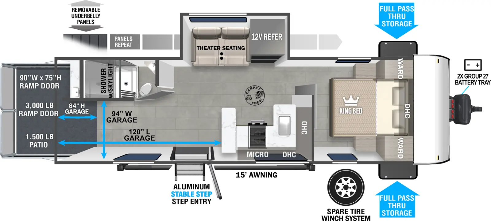 The Salem FSX 262VC floorplan is a toy hauler that has one entry and one slide out. Exterior features include: fiberglass exterior and 15' awning. Interiors features include: front bedroom.